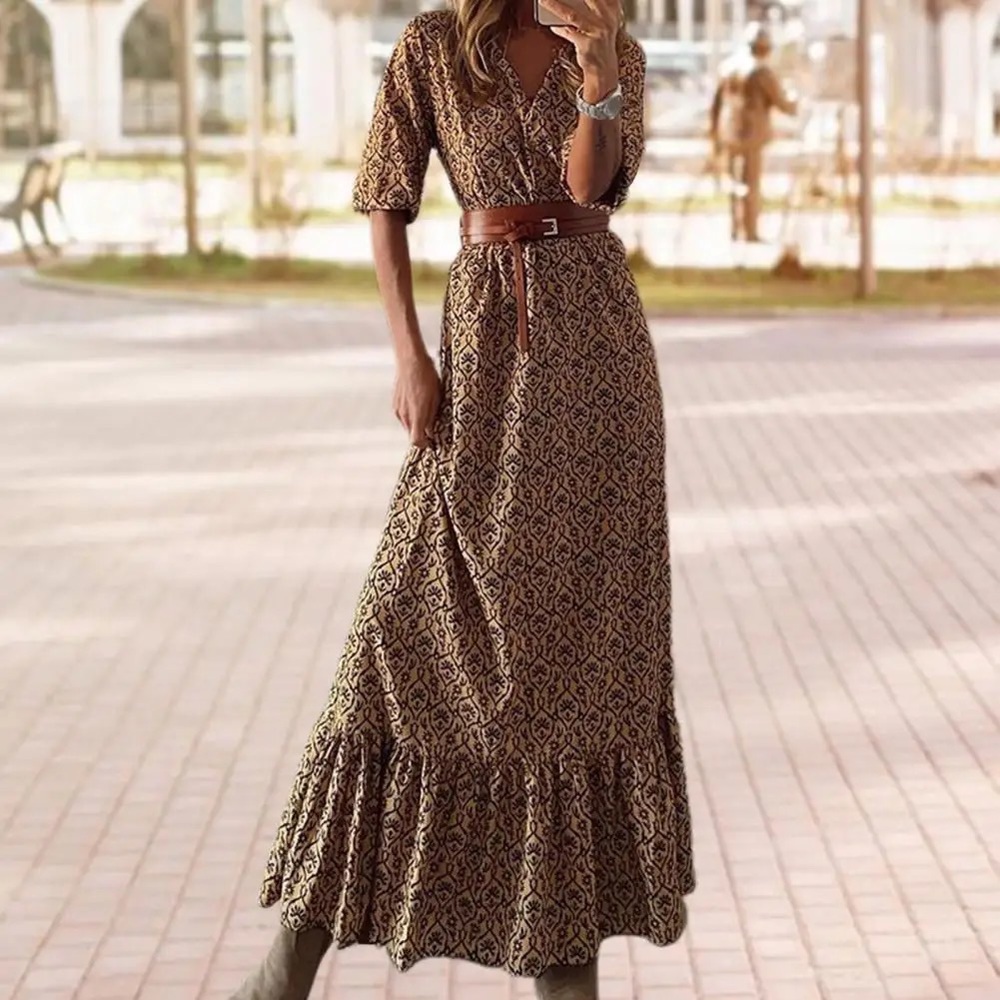 43 Brown Black Pattern Silky Soft Maxi Long Bohemian Boho Dress Short Sleeve - Picture 5 of 6